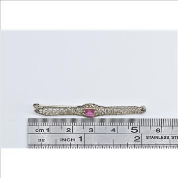 10K Art Deco Filigree Sim. Pink Sapphire Bar White Gold Pin/Brooch