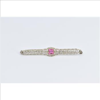 10K Art Deco Filigree Sim. Pink Sapphire Bar White Gold Pin/Brooch