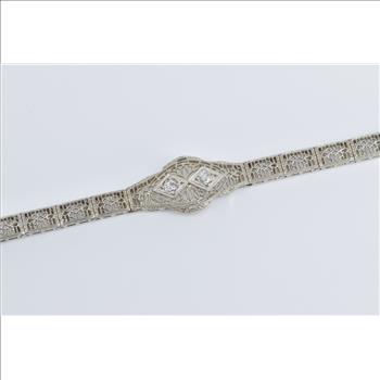10K Art Deco Natural Diamond Filigree Statement White Gold Bracelet 5.5