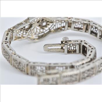 10K Art Deco Natural Diamond Filigree Statement White Gold Bracelet 5.5