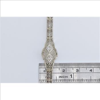 10K Art Deco Natural Diamond Filigree Statement White Gold Bracelet 5.5