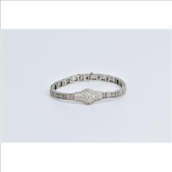 10K Art Deco Natural Diamond Filigree Statement White Gold Bracelet 5.5