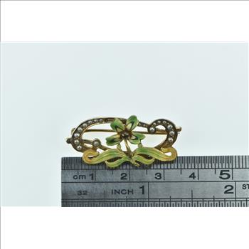 10K Art Nouveau Seed Pearl Ornate Flower Yellow Gold Pin/Brooch