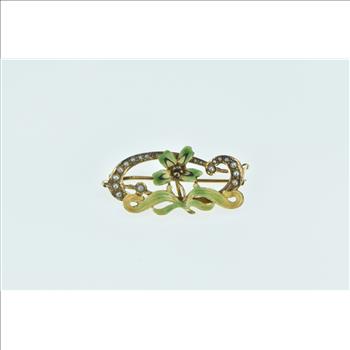 10K Art Nouveau Seed Pearl Ornate Flower Yellow Gold Pin/Brooch