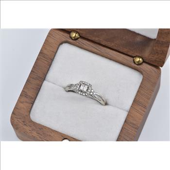 10K Baguette Diamond Halo Promise Engagement White Gold Ring, Size 6