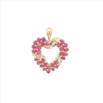 10K Baguette Diamond Ruby Cluster Heart Yellow Gold Pendant