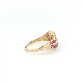10K Baguette Ruby Diamond Curvy Freeform Yellow Gold Ring, Size 10.25