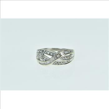 10K Baguette Wavy Diamond Vintage Statement White Gold Ring, Size 7