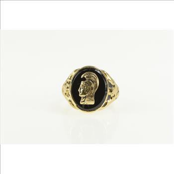 10K Black Onyx Trojan Soldier Overlay Statement Yellow Gold Ring, Size 5.75