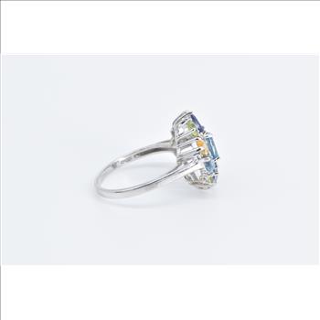10K Blue Topaz Citrine Peridot Diamond Cluster White Gold Ring, Size 7.5