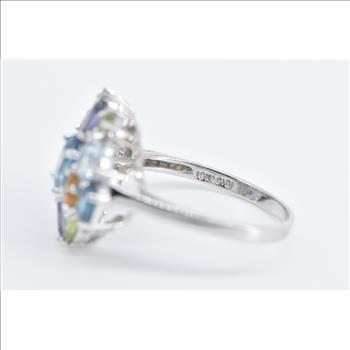 10K Blue Topaz Citrine Peridot Diamond Cluster White Gold Ring, Size 7.5