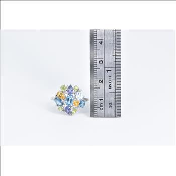 10K Blue Topaz Citrine Peridot Diamond Cluster White Gold Ring, Size 7.5