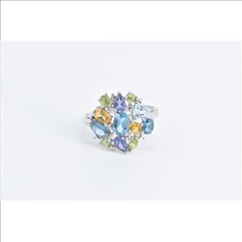 10K Blue Topaz Citrine Peridot Diamond Cluster White Gold Ring, Size 7.5