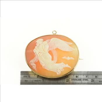 10K Carved Elaborate Guardian Angel Cameo Yellow Gold Pendant