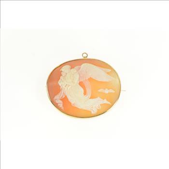 10K Carved Elaborate Guardian Angel Cameo Yellow Gold Pendant