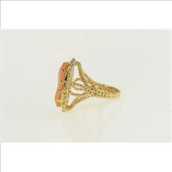 10K Carved Shell Cameo Filigree Cocktail Yellow Gold Ring, Size 6
