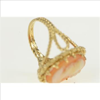 10K Carved Shell Cameo Filigree Cocktail Yellow Gold Ring, Size 6