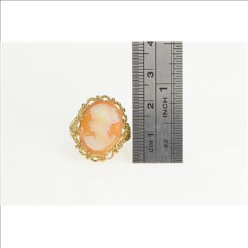 10K Carved Shell Cameo Filigree Cocktail Yellow Gold Ring, Size 6