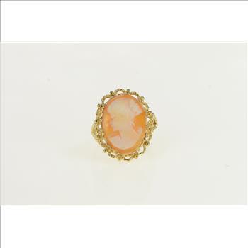 10K Carved Shell Cameo Filigree Cocktail Yellow Gold Ring, Size 6