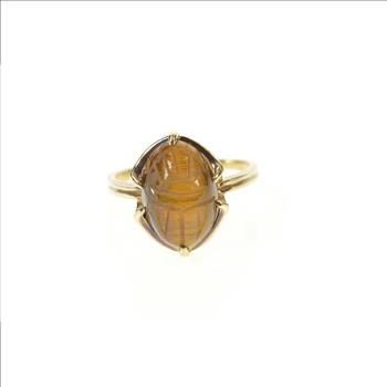 10K Carved Tiger's Eye Ancient Egyptian Scarab Yellow Gold Ring, Size 8