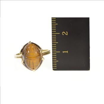 10K Carved Tiger's Eye Ancient Egyptian Scarab Yellow Gold Ring, Size 8
