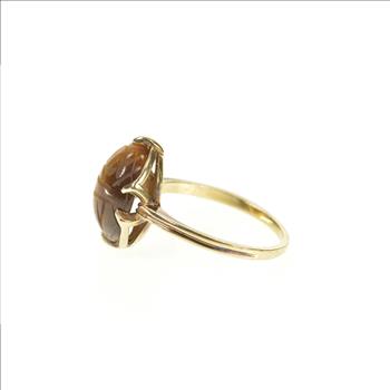 10K Carved Tiger's Eye Ancient Egyptian Scarab Yellow Gold Ring, Size 8