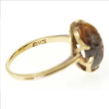 10K Carved Tiger's Eye Ancient Egyptian Scarab Yellow Gold Ring, Size 8
