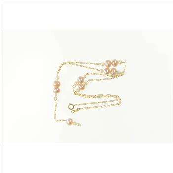 10K Classic Pearl Chain Link Drop Dangle Yellow Gold Necklace 16