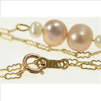 10K Classic Pearl Chain Link Drop Dangle Yellow Gold Necklace 16