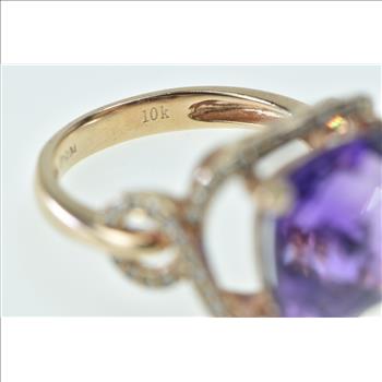 10K Cushion Amethyst Diamond Halo Twist Statement Rose Gold Ring, Size 7.25