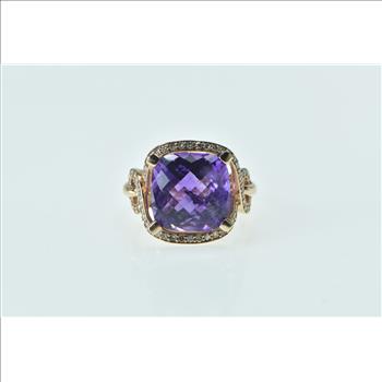 10K Cushion Amethyst Diamond Halo Twist Statement Rose Gold Ring, Size 7.25
