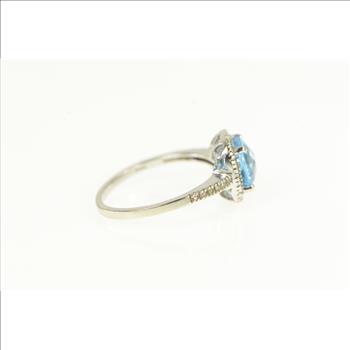 10K Cushion Blue Topaz Diamond Halo White Gold Ring, Size 6.25