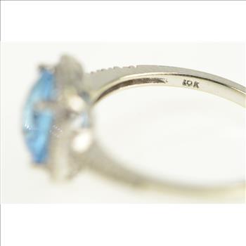 10K Cushion Blue Topaz Diamond Halo White Gold Ring, Size 6.25