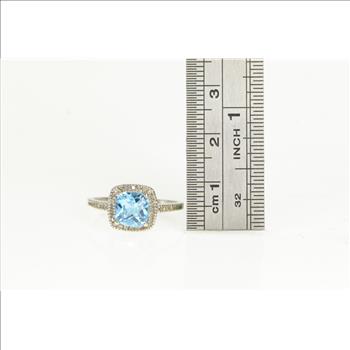 10K Cushion Blue Topaz Diamond Halo White Gold Ring, Size 6.25