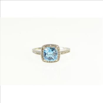 10K Cushion Blue Topaz Diamond Halo White Gold Ring, Size 6.25