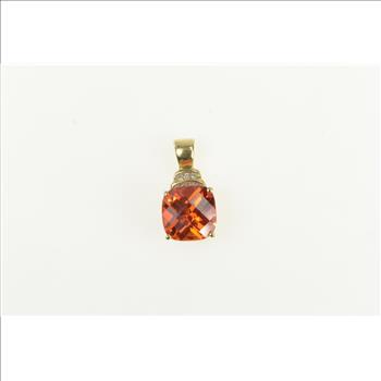 10K Cushion Syn. Spessartine Diamond Yellow Gold Pendant