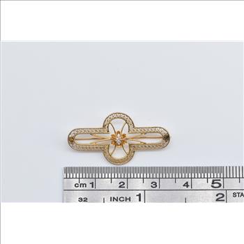 10K Diamond Art Deco Filigree Rounded Bar Yellow Gold Pin/Brooch