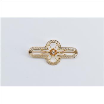 10K Diamond Art Deco Filigree Rounded Bar Yellow Gold Pin/Brooch