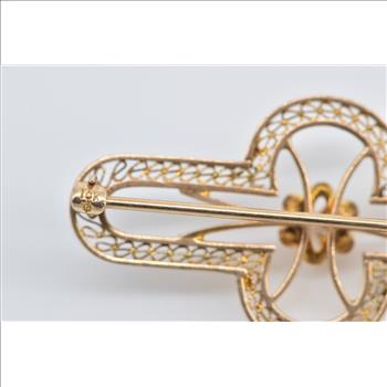 10K Diamond Art Deco Filigree Rounded Bar Yellow Gold Pin/Brooch