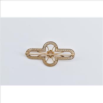 10K Diamond Art Deco Filigree Rounded Bar Yellow Gold Pin/Brooch