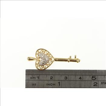 10K Diamond Inset Filigree Heart Skeleton Key Yellow Gold Pendant