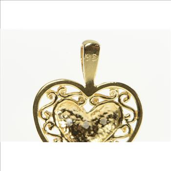 10K Diamond Inset Filigree Heart Skeleton Key Yellow Gold Pendant