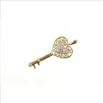 10K Diamond Inset Filigree Heart Skeleton Key Yellow Gold Pendant