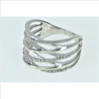 10K Diamond Inset Layered Wavy Statement White Gold Ring, Size 8.25