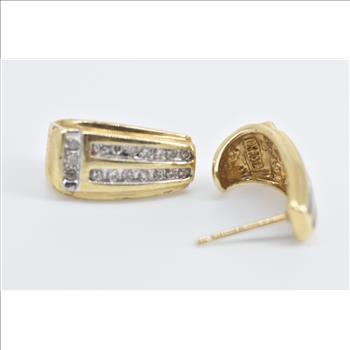 10K Diamond Striped Vintage Geometric Stud Yellow Gold Earrings