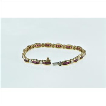 10K Diamond Syn. Princess Ruby Curved Bar Link Yellow Gold Bracelet 6.75