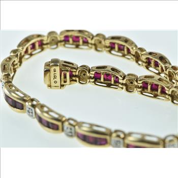 10K Diamond Syn. Princess Ruby Curved Bar Link Yellow Gold Bracelet 6.75