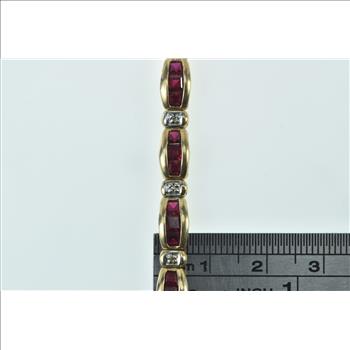 10K Diamond Syn. Princess Ruby Curved Bar Link Yellow Gold Bracelet 6.75