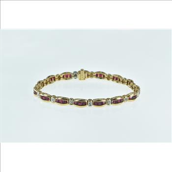 10K Diamond Syn. Princess Ruby Curved Bar Link Yellow Gold Bracelet 6.75