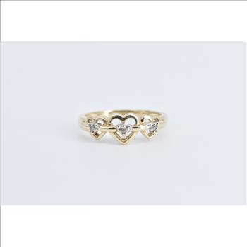 10K Diamond Three Heart Love Symbol Promise Yellow Gold Ring, Size 7